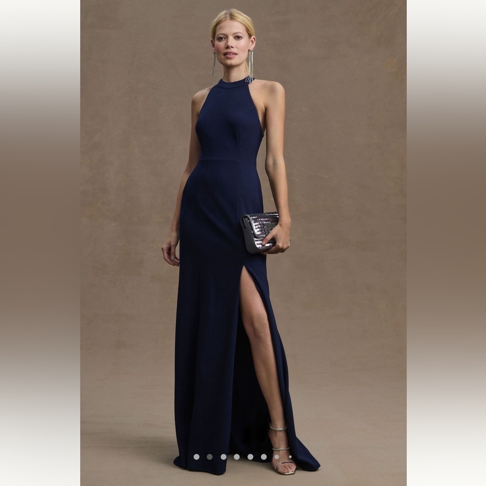 BHLDN Lennox Halter Open-Back Side-Slit Stretch Crepe Bridesmaid Gown in Navy